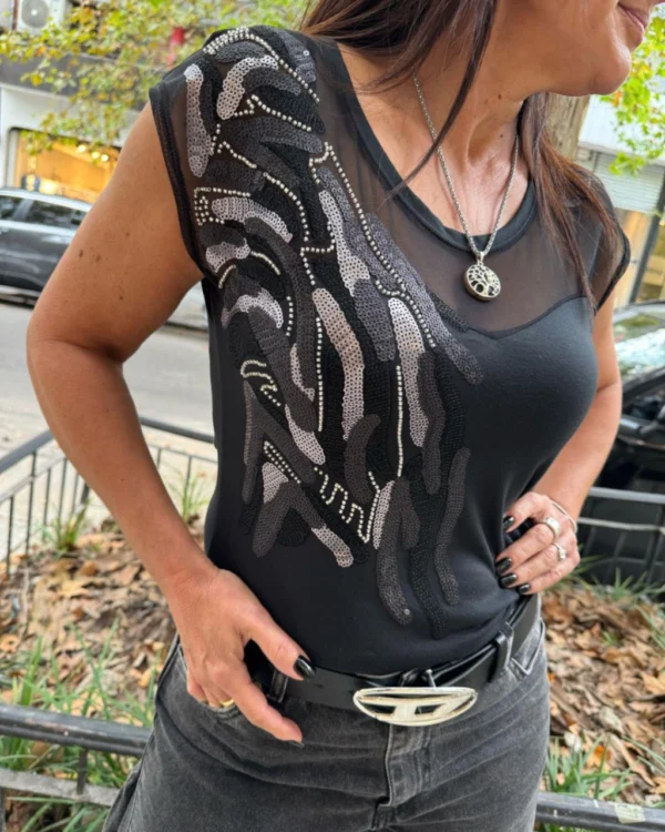 1 X Escote corazón con tul - ONDAS VERTICALES NG T. S Musculosa Noir Wave